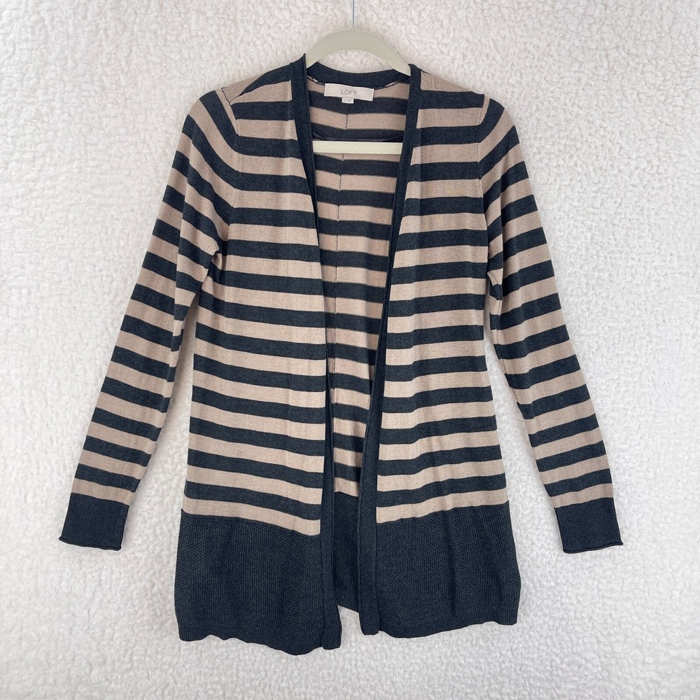 Ann Taylor LOFT Gray Tan Striped Cardigan Sweater Womens Long Sleeve Size Medium